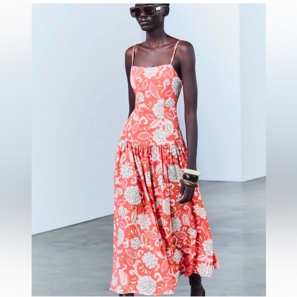 Zara drop waist printed midi dress coral orange size small - Picture 1 of 16